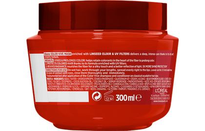 Foto del dorso del envase de la mascarilla para el cabello Elvive Color Vive