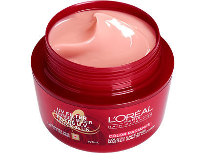 Foto del envase abierto de la mascarilla para el cabello Elvive Color Vive
