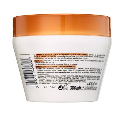 Foto del dorso del envase de la mascarilla para el cabello de coco Elvive oleo Extraordinario