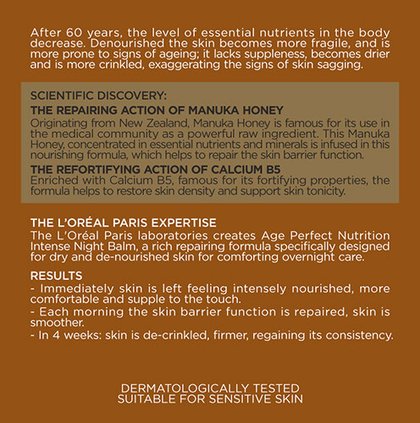Cuidado de la piel Foto del dorso del envase de la crema nocturna de nutricion intensa Age Perfect